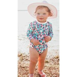 RuffleButts Baby Girl Swimsuit 0-3 Months Water Lillies Long Sleeve Rash Guard